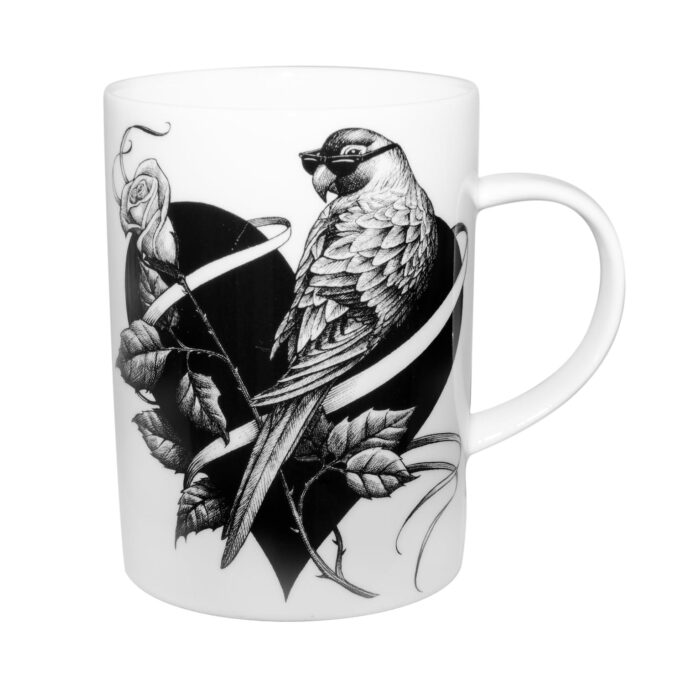 Bird sitting on the heart with sunglasses on ink design on white fine bone china mug