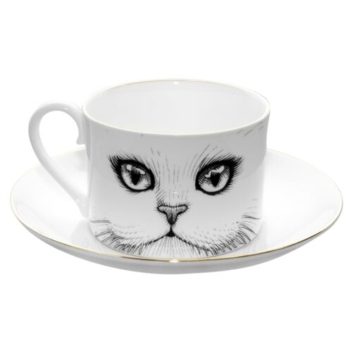 Exquisite Fine Bone China Cat Monocle Tea Cup & Saucer. Teacup rim & saucer rim hand decorated with 22 carat gold. Made in England