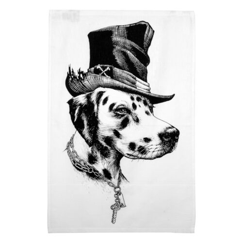 Dalmation Dog wearing hat in ink design on white towel