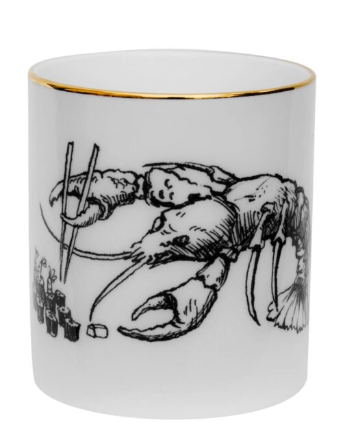 Lobster eating sushi. Beautiful Fine Bone China Lobster Sushi Cutesy Candle container decorated with black Intricate Ink Illustrations. Made in England