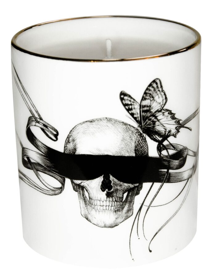 Beautiful Fine Bone China Masked Skull Cutesy Candle container decorated with black Intricate Ink Illustrations. Made in England