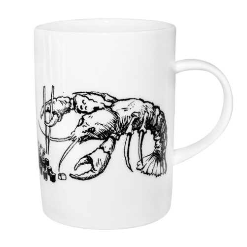 Lobster with sticks eating sushi ink design on white fine bone china mug
