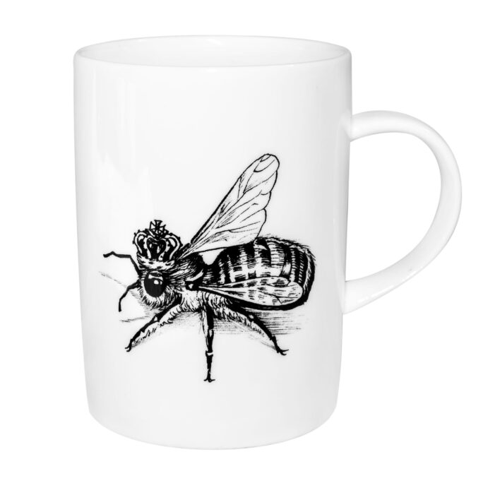 Bee wearing crown ink design on white fine bone china mug