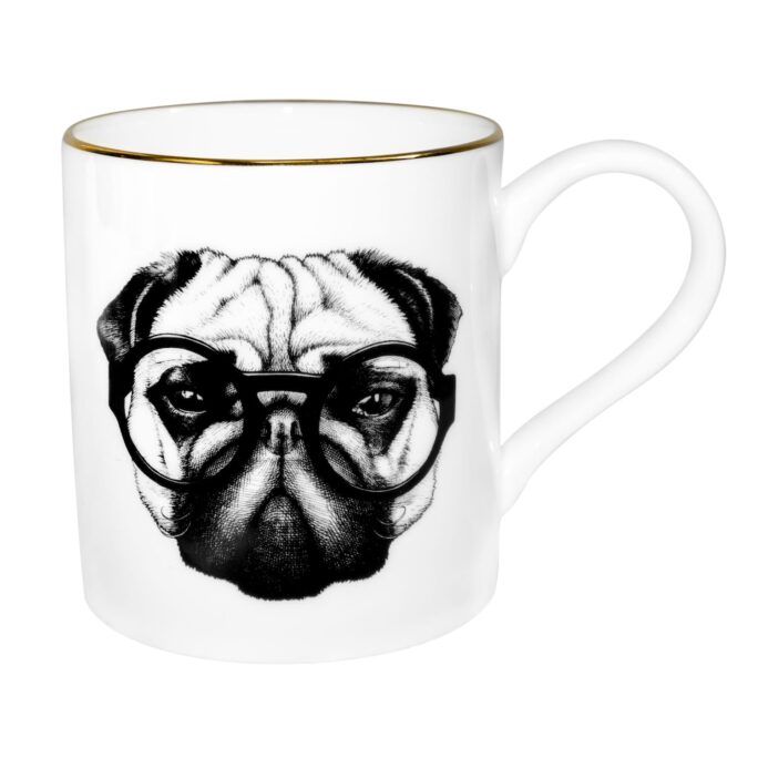 Pug portrait with glasses, ink design on fine bone china