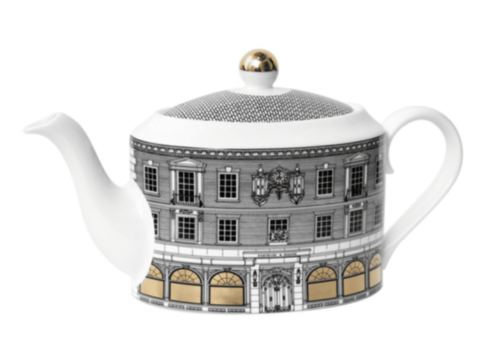 Fine Bone China teapot.Hand decorated with Rory's exclusive Intricate Ink Illustration of Fortnum & Mason Shop facade on Piccadilly London
