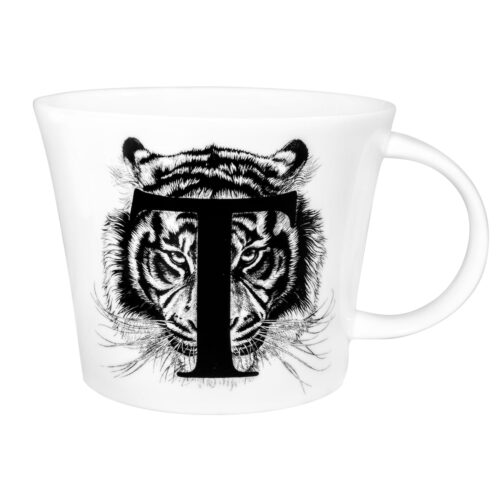 T letter in jet black in with the tiger face behind it in ink design on white bone china mug