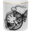 Butterflies over the clock. Beautiful Time Flies Butterfly Clock Cutesy Candle container decorated with black Intricate Ink Illustrations. Made in England