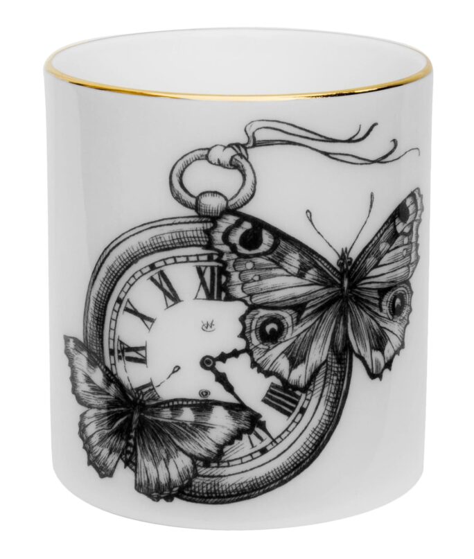 Butterflies over the clock. Beautiful Time Flies Butterfly Clock Cutesy Candle container decorated with black Intricate Ink Illustrations. Made in England