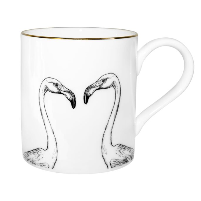 Two flamingo heads, looking at each other ink design on a fine bone china mug