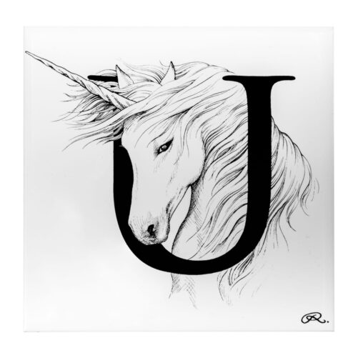 White ceramic Unicorn Tile. Every tile is hand decorated with a unique Rory Dobner Intricate Ink Illustration telling each letter’s story.