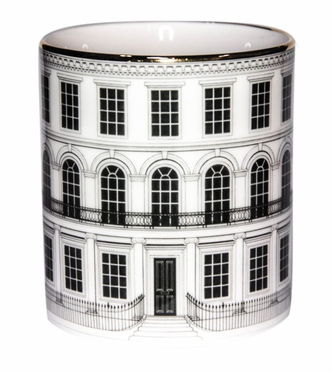 Beautiful Building White Cutesy Candle in a Fine Bone China container decorated with black Intricate Ink Illustrations. Made in England