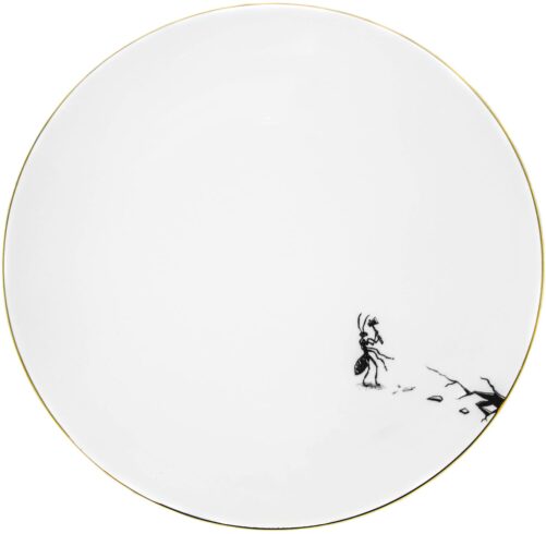 White Fine Bone China Axel The Ant Down Plate with a jet black hand screen printed Intricate Ink Illustration. Made In England.
