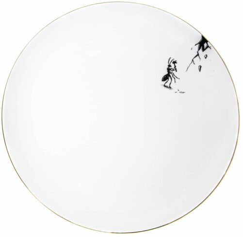 White Fine Bone China Axel The Ant Up Plate with a jet black hand screen printed Intricate Ink Illustration. Made In England.