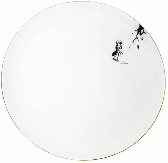 White Fine Bone China Axel The Ant Up Plate with a jet black hand screen printed Intricate Ink Illustration. Made In England.
