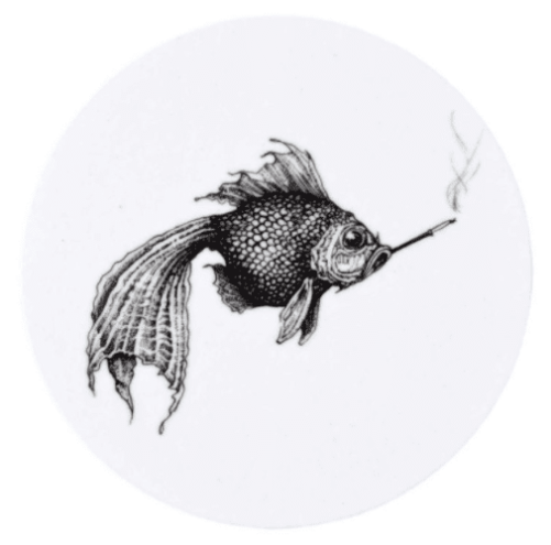 Gold fish smoking a cigarette in ink design on round melamine placemat