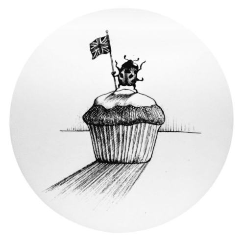 ladybird holding a union flag on the cupcake in ink design