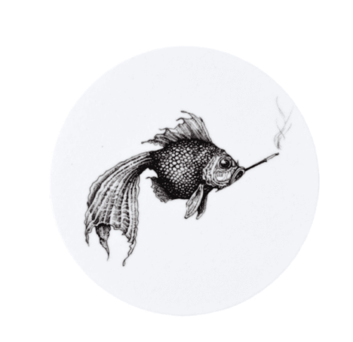 Fish smoking cigarette in ink design on melamine round coaster