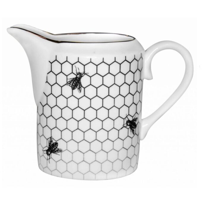 Exquisite Fine Bone China Milk Jug. Hand decorated with exclusive Intricate Ink Illustration of Buzzing Bees. Made in England