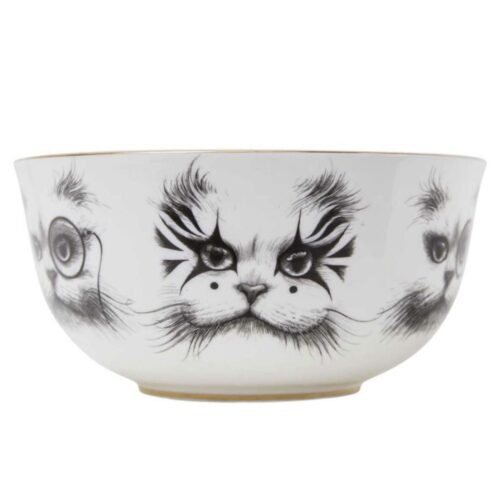 Cat with monocle and one cat as clown on white fine bone china bowl in ink design and 22 carat gold detailing