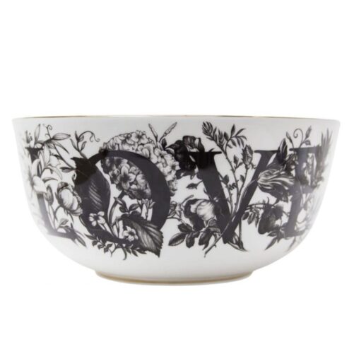 Love written on the bowl covered in flowers in ink design on white fine bone china bowl with 22 carat detailing