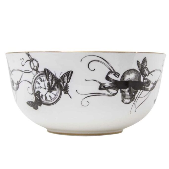 Image of the masked skull with clock and butterflies on white fine bone china with 22 carat detailing on the rim