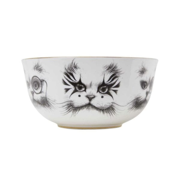 Cat with monocle and one cat as clown on white fine bone china bowl in ink design and 22 carat gold detailing