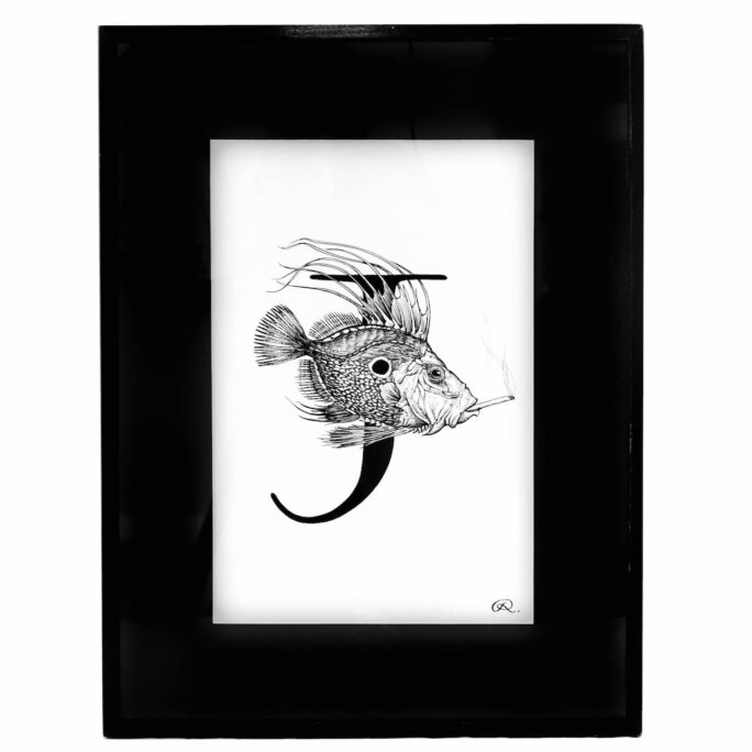 'John Dory With A Joint' fish Original Ink in Vintage Black Frame already signed & dated by Rory available to buy. Made in England