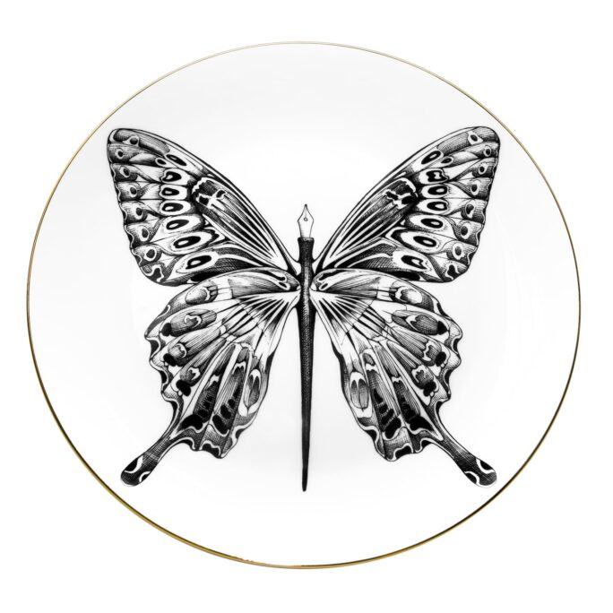 White Fine Bone China Butterfly Balloon Perfect Plate with a jet black hand screen printed Intricate Ink Illustration. Made In England.