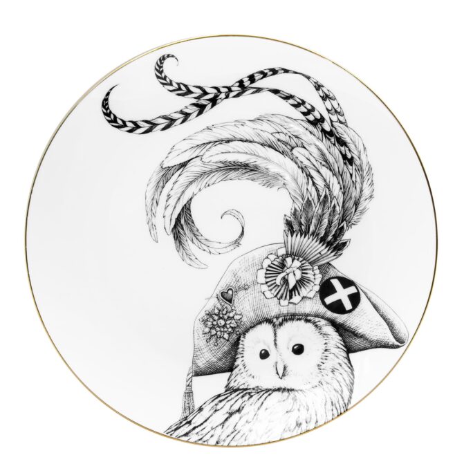 White Fine Bone China Luna The Owl Plate with a jet black hand screen printed Intricate Ink Illustration. Made In England.