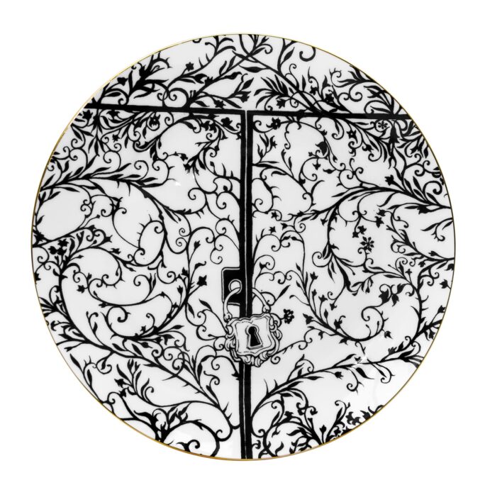 White Fine Bone China The Ink House Gates Plate with a jet black hand screen printed Intricate Ink Illustration. Made In England.