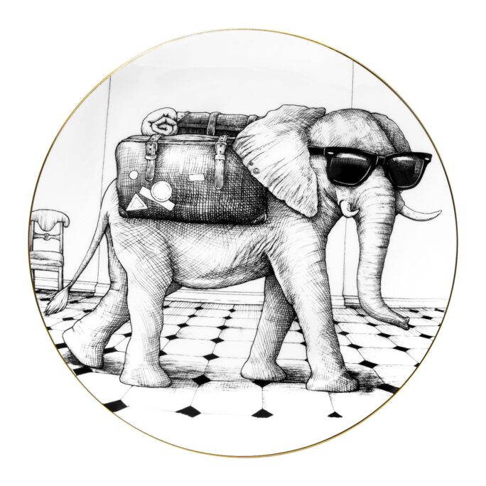 White Fine Bone China Eku Elephant Perfect Plate with a jet black hand screen printed Intricate Ink Illustration. Made In England.