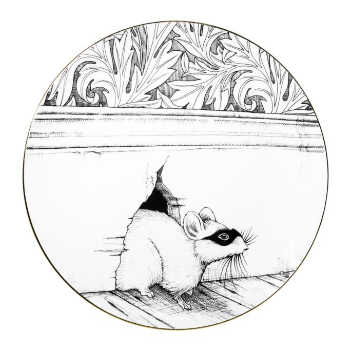 White Fine Bone China Maestro Mouse Plate with a jet black hand screen printed Intricate Ink Illustration. Made In England.
