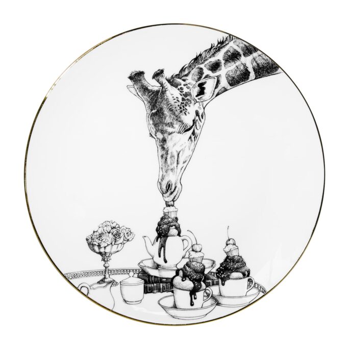 White Fine Bone China Geraldine Giraffe Plate with a jet black hand screen printed Intricate Ink Illustration. Made In England.