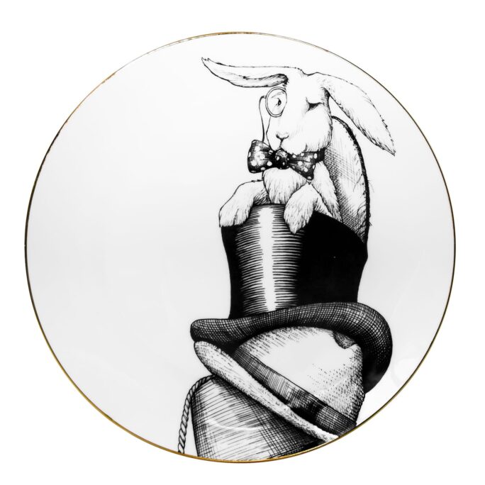 White Fine Bone China Hugo In Hats Hare Perfect Plate with a jet black hand screen printed Intricate Ink Illustration. Made In England.
