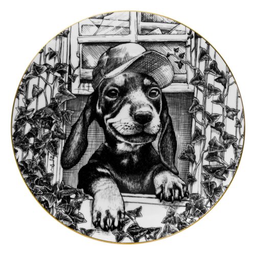 White Fine Bone China 'Louie' Dachshund Dog Plate with a jet black hand screen printed Intricate Ink Illustration. Made In England.