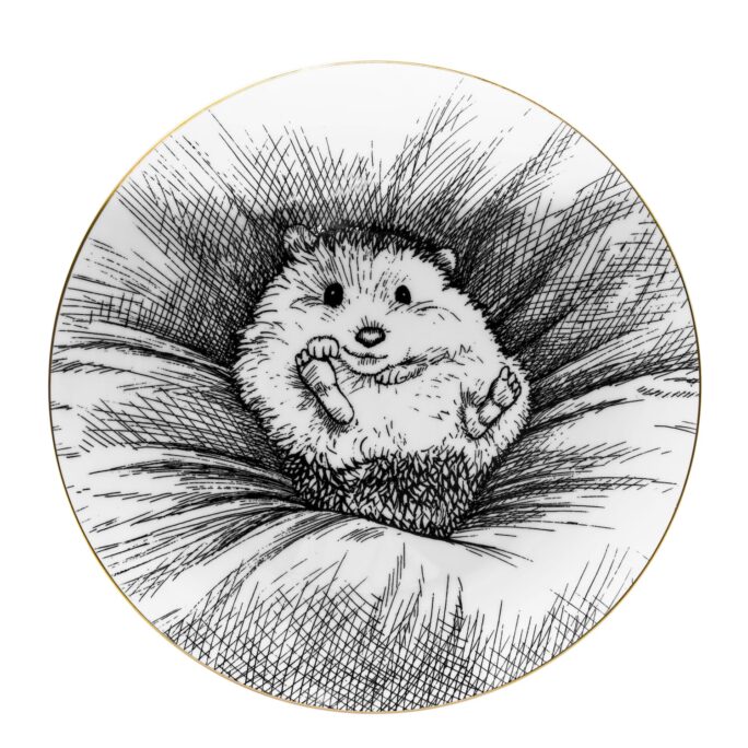 White Fine Bone China Huxley Hedgehog Plate with a jet black hand screen printed Intricate Ink Illustration. Made In England.