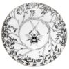 Bumble bee holding shears edged with leafy branches in ink design on white fine bone china plate