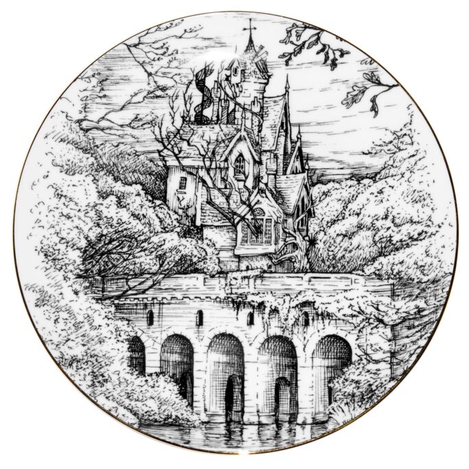 Illustration in black and whiteof inkhouse with view of the bridge
