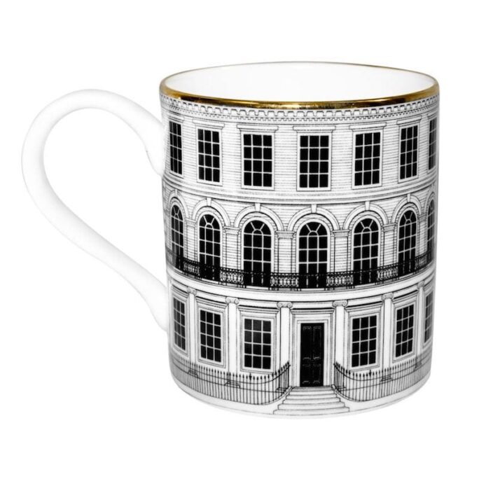 Absolutely gorgeous White Fine Bone China Beautiful Building Majestic Mug, decorated and hand edged in 22 carat gold. Made In England.