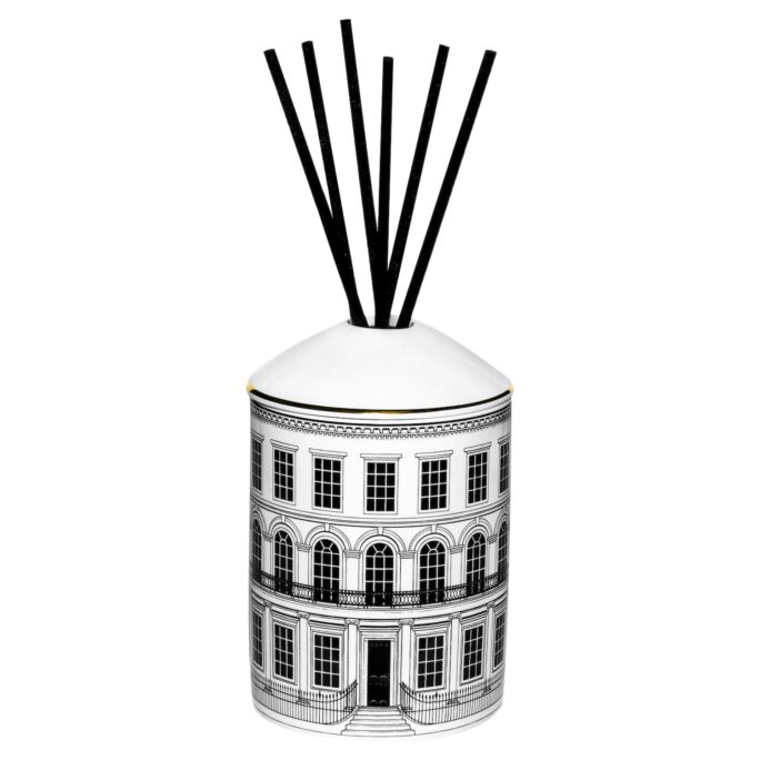 Beautiful Buildings Delectable Diffuser is a bespoke Fine Bone China canister & lid with black Intricate Ink & edged in 22 carat gold