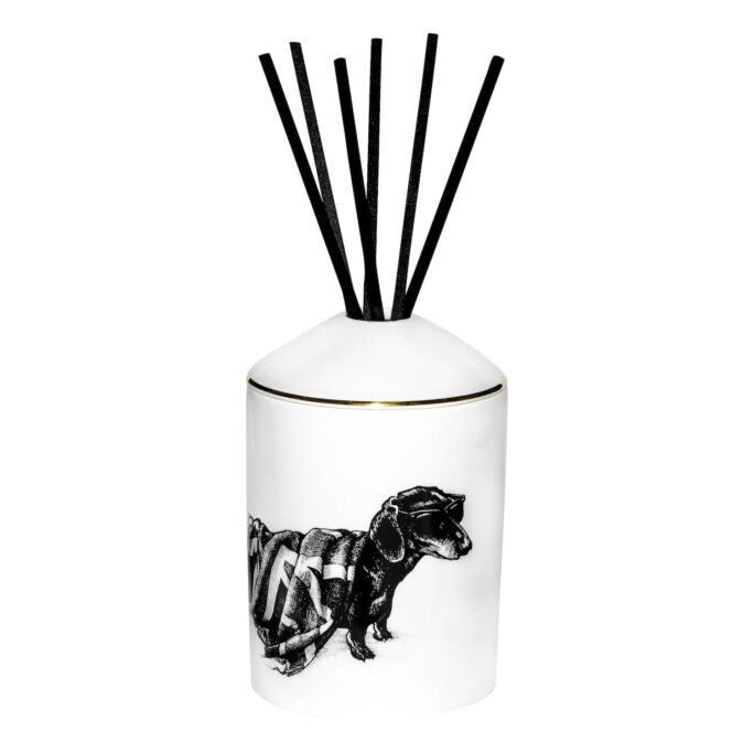 'Hot Dog' Dachshund Dog Delectable Diffuser are beautiful Fine Bone China canister & lid, decorated with a black in edged in 22 carat gold