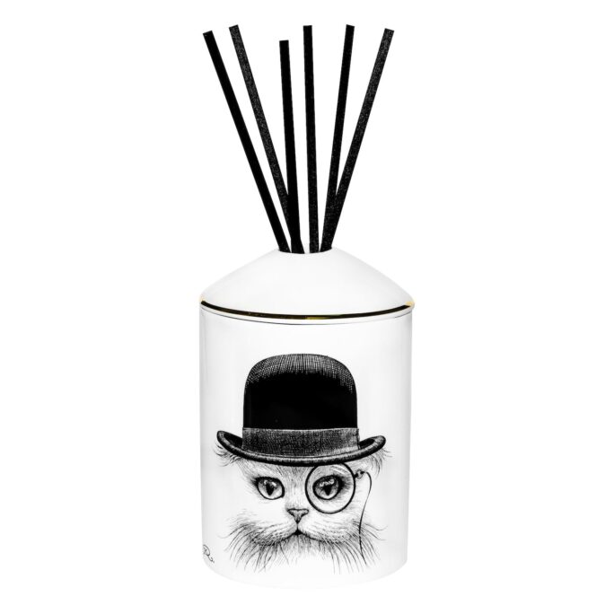 Cat in Hat Delectable Diffuser are beautiful Fine Bone China canister & lid, decorated with a black Ink edged in 22 carat gold