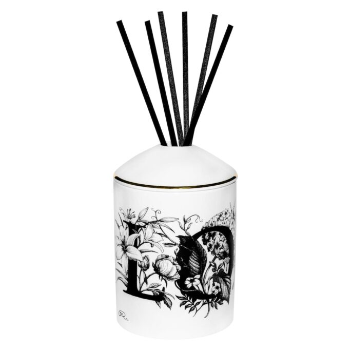 Love Flowers Delectable Diffuser is a beautiful Fine Bone China canister & lid, decorated with black Intricate Ink edged in 22 carat gold