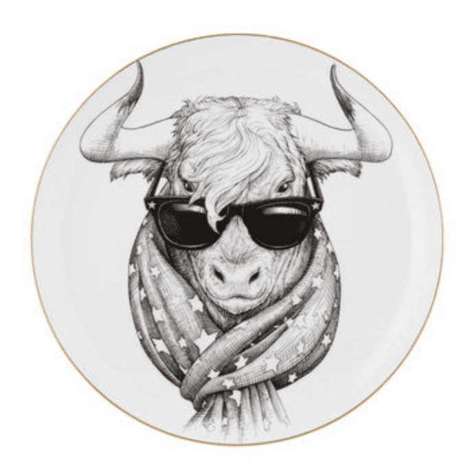 White Fine Bone China Taurus Zodiac Plate with a jet black hand screen printed Intricate Ink Illustration. Made In England.
