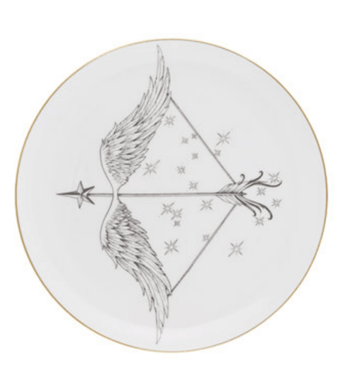 White Fine Bone China Sagittarius Zodiac Plate with a jet black hand screen printed Intricate Ink Illustration. Made In England.