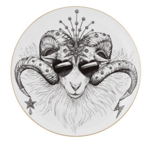 White Fine Bone China Aries Zodiac Plate with a jet black hand screen printed Intricate Ink Illustration. Made In England.
