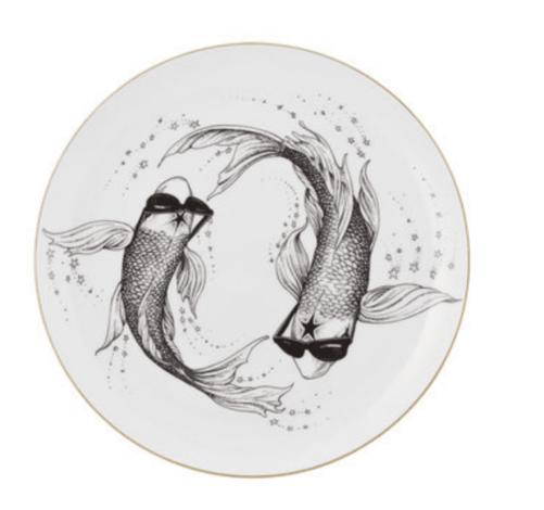 White Fine Bone China Pisces Zodiac Plate with a jet black hand screen printed Intricate Ink Illustration. Made In England.