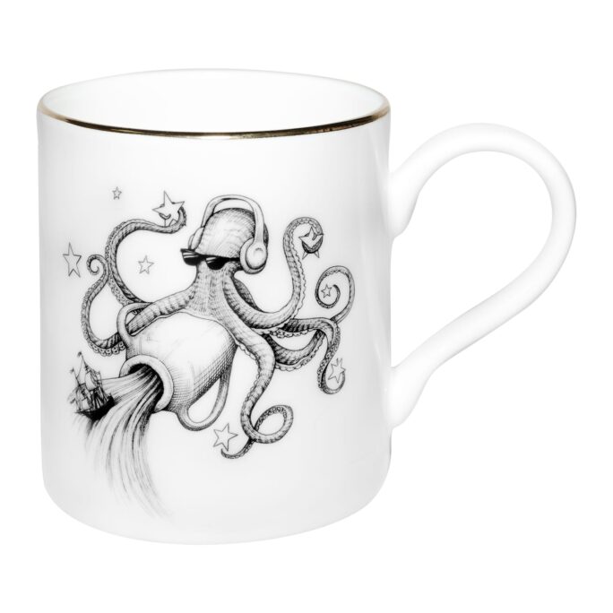 Full image of the octopus in sunglasses and headphones holding a vase with the water pouring out. Ink design on a fine bone china mug