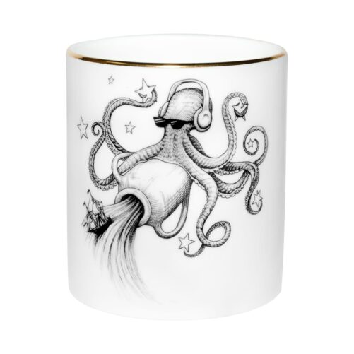 Aquarius Zodiac Cutesy Candle in a Fine Bone China container decorated with black Intricate Ink Illustrations. Made in England