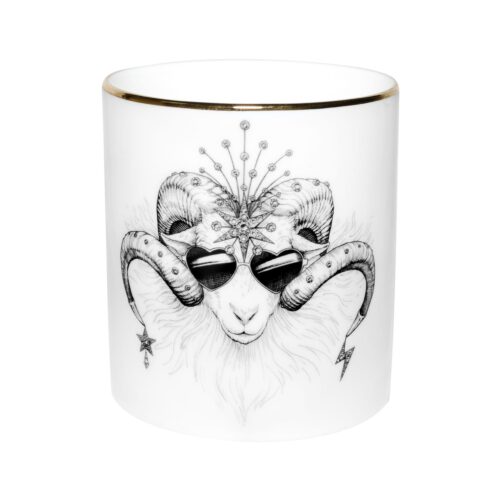 Aries Zodiac Cutesy Candle in a Fine Bone China container decorated with black Intricate Ink Illustrations. Made in England